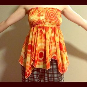 No Boundaries red-orange tie dye strapless top.